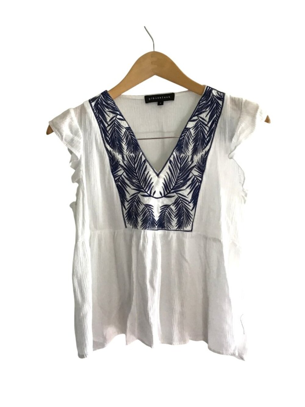 GIBSON- Womens White and Lake a lie Embroidered Ruffle Sleeve Top Size Small